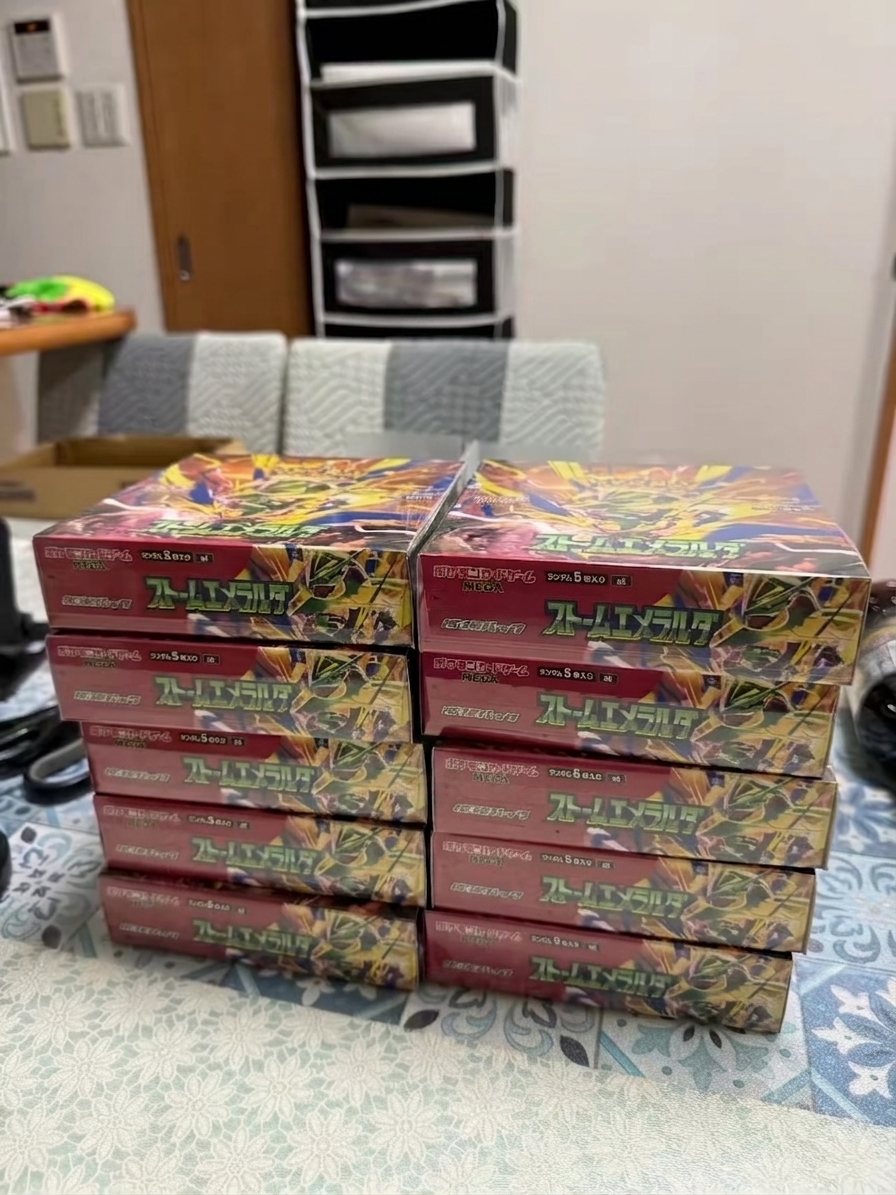 Japanese Pokémon M6 Storm Emeralda stacked sealed booster boxes
