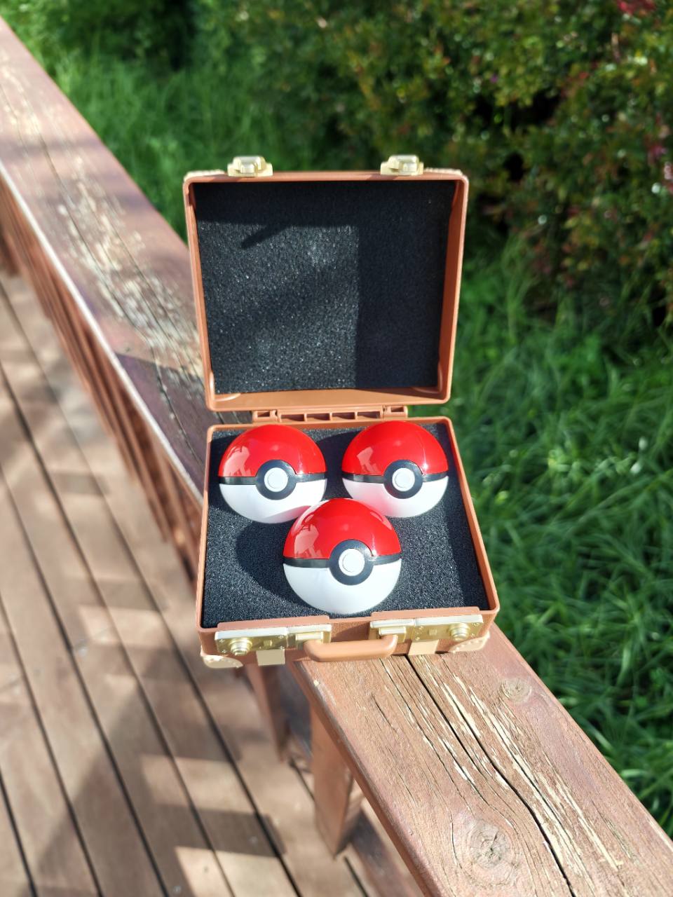 Pokémon Little Adventure suitcase opened with three Poké Ball capsules
